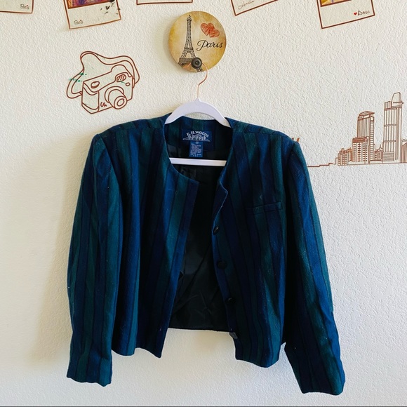 E.H. Woods Blue Green Striped Cropped Button Up Blazer Size 14 - Picture 1 of 11